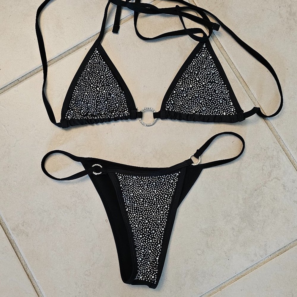 Black & Crystal Tiny Bikini Size Medium NWT